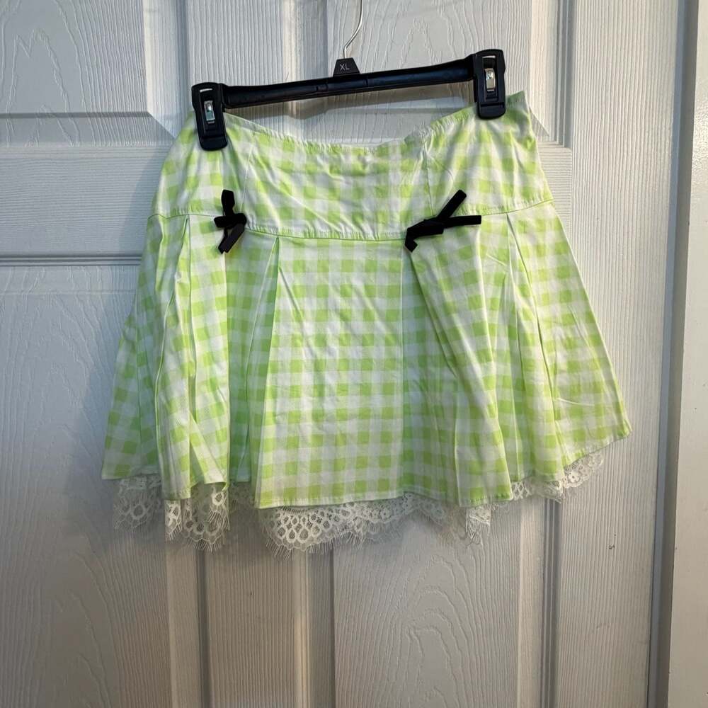Hot Topic Lime Green Gingham Pleated Lace Trim Mini Skirt Size Large Pastel Goth